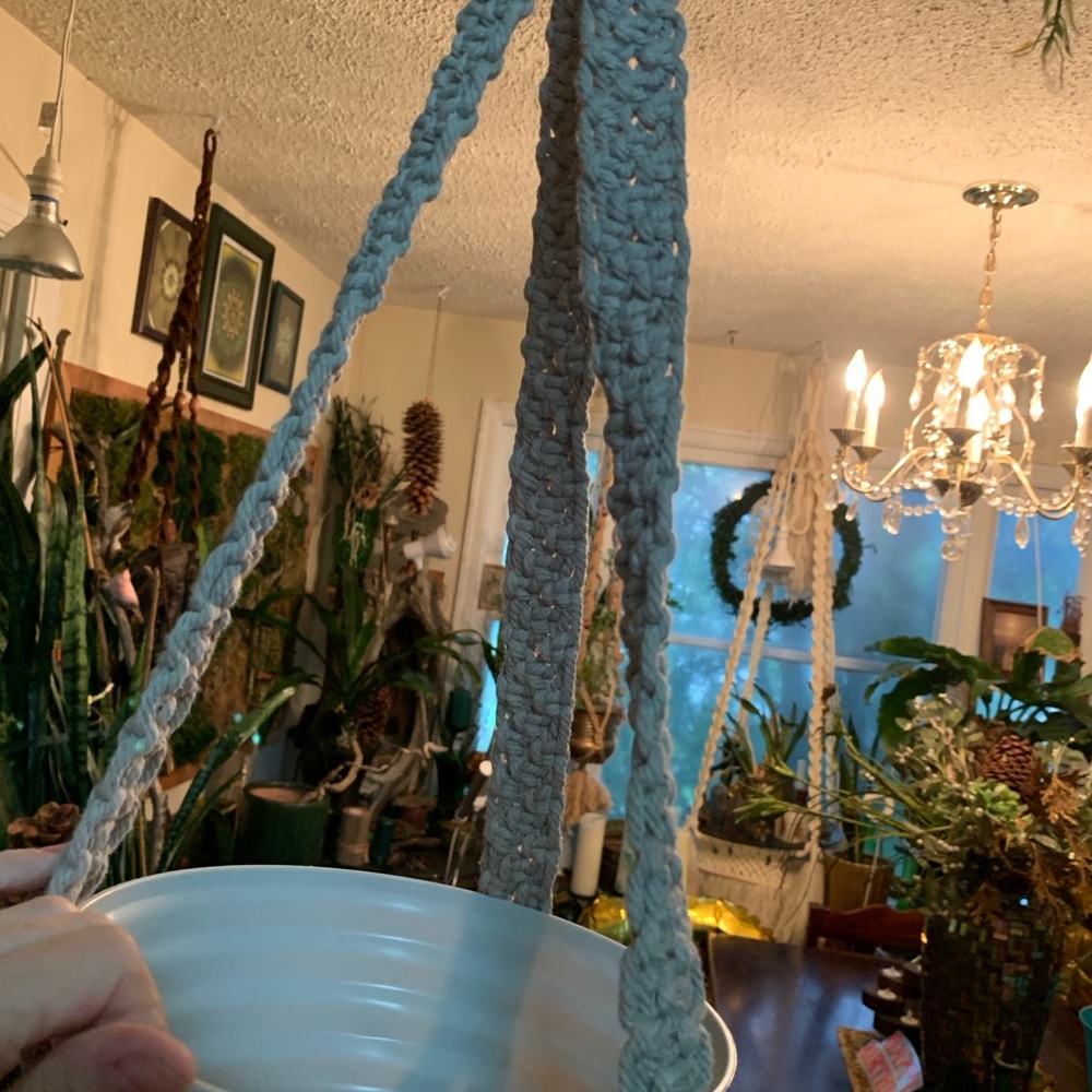 Taupe Macrame Plant Hanger with White Pot. Hanger has one twisted band. - Picture 4 of 4